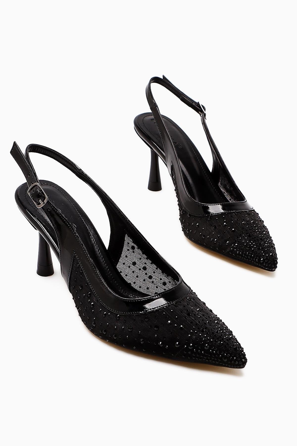 Kally – Black Transparent-Fabric Stone-Embellished Heeled Shoe (Women)