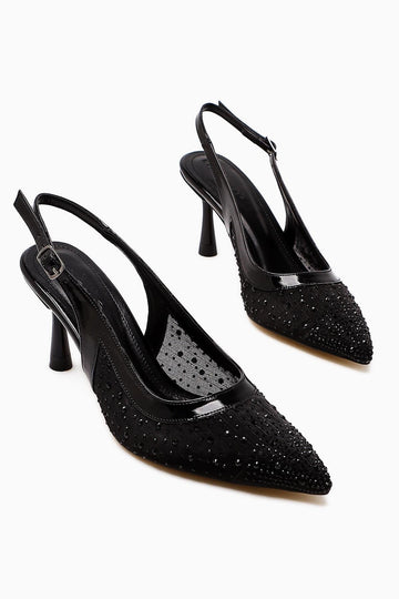 Kally – Black Transparent-Fabric Stone-Embellished Heeled Shoe (Women)