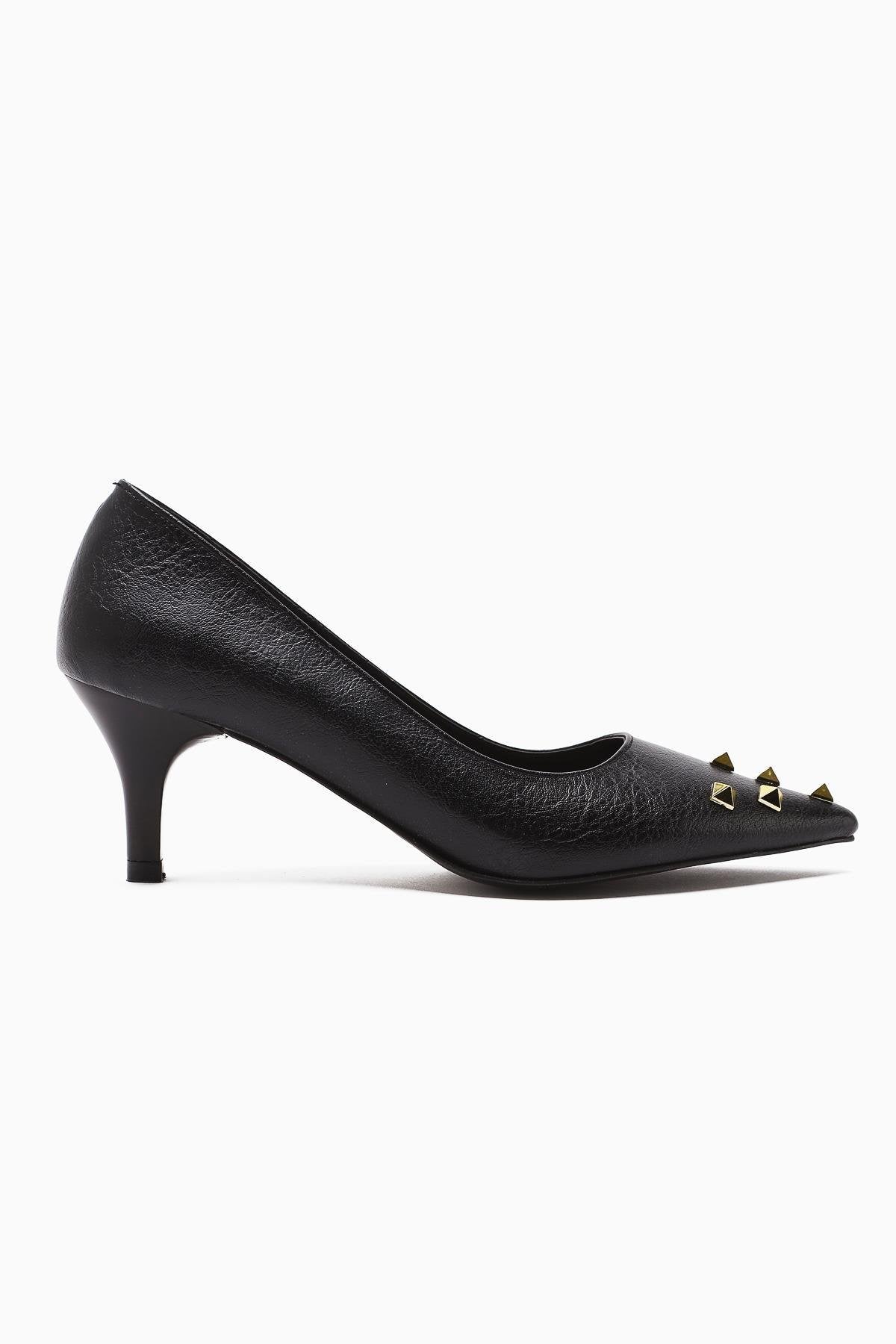 Anni – Black Crinkled Patent Pyramidal-Studded Heeled Shoe (Women)