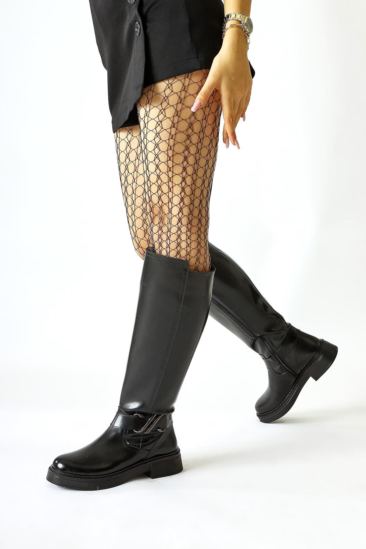 Birgita Black Patent Zip-Up Boots with Buckle Detail