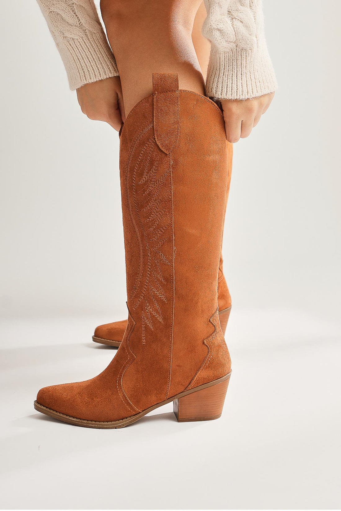 Hero – Cognac Suede Embroidered Cowboy Knee-High Boot (Women)
