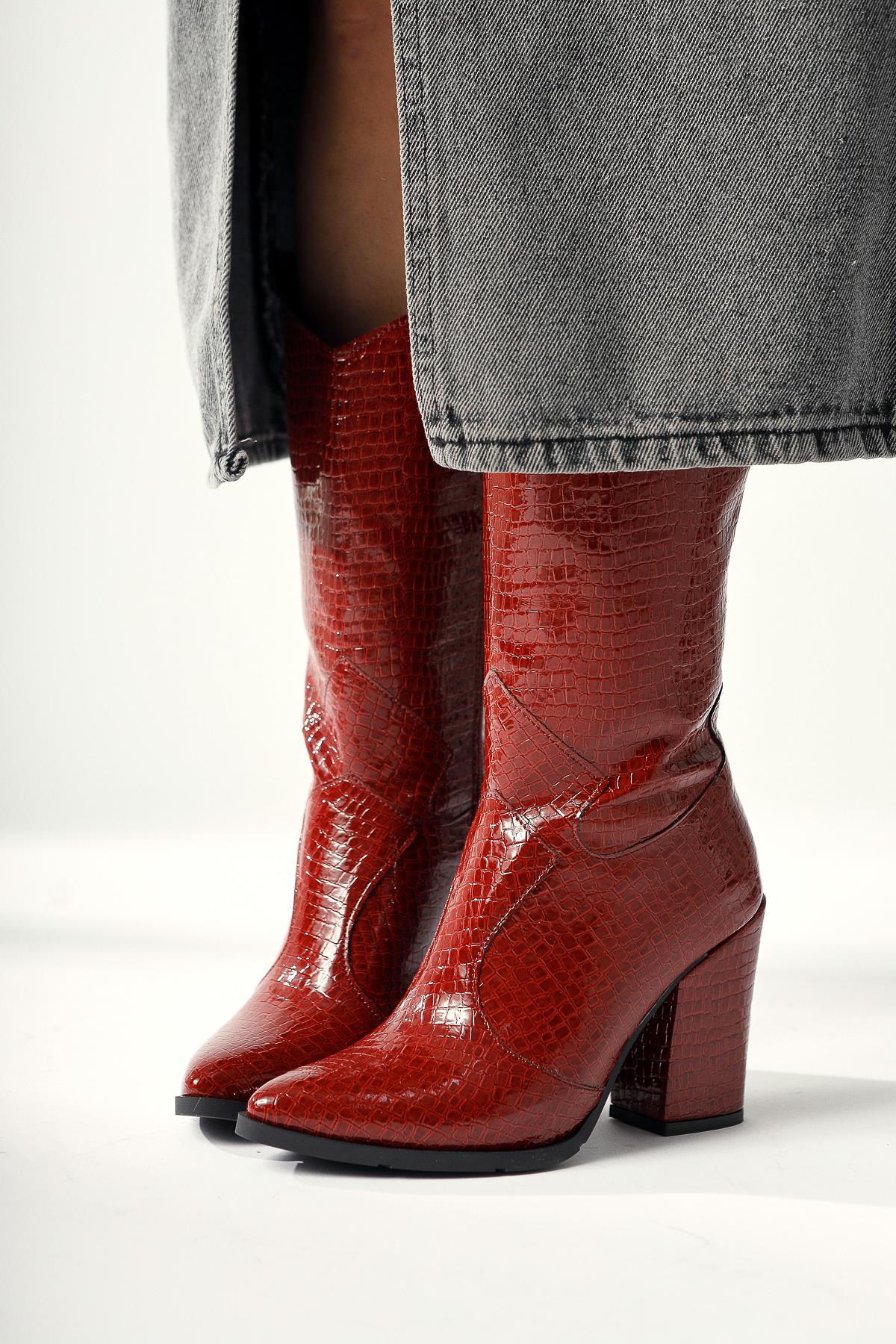 Keri – Burgundy Croc-Embossed Asymmetric-Cut Heeled Short Knee-High Boot (Women)
