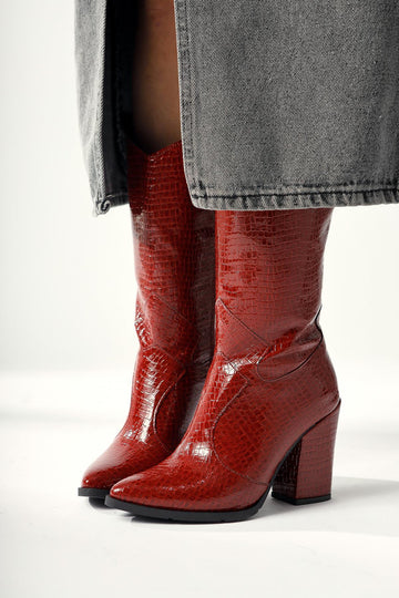 Keri – Burgundy Croc-Embossed Asymmetric-Cut Heeled Short Knee-High Boot (Women)