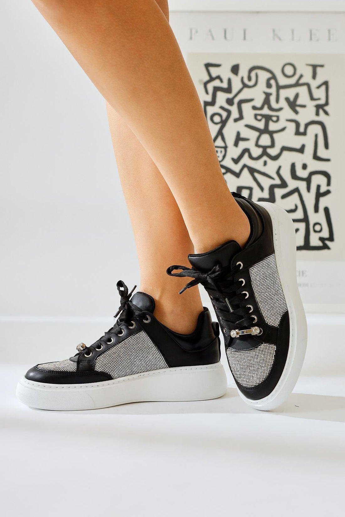 Sonnie Black Thick-Sole Sneaker with Stone Detail