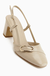 Judy Beige Metal Buckle Square Toe Women’s Heeled Shoes