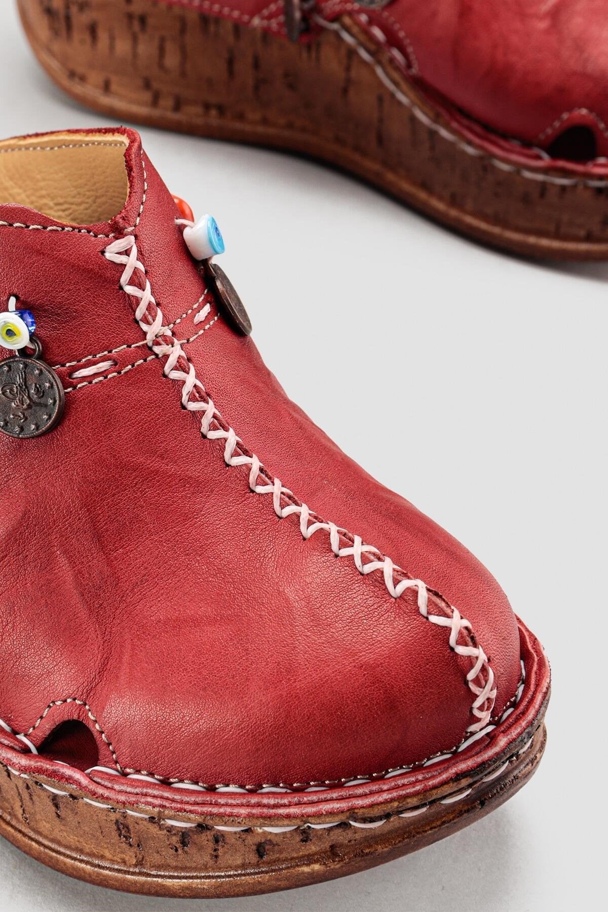 Annika Genuine Leather – Burgundy Antique Detail Wedge Clog Slide (Women)