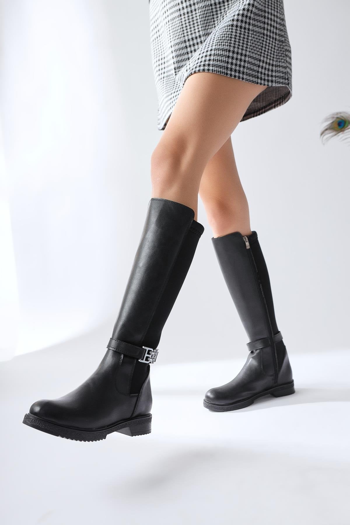Mountaha – Black Neoprene Cuff Accessory-Detail Low-Heel Knee-High Boot (Women)