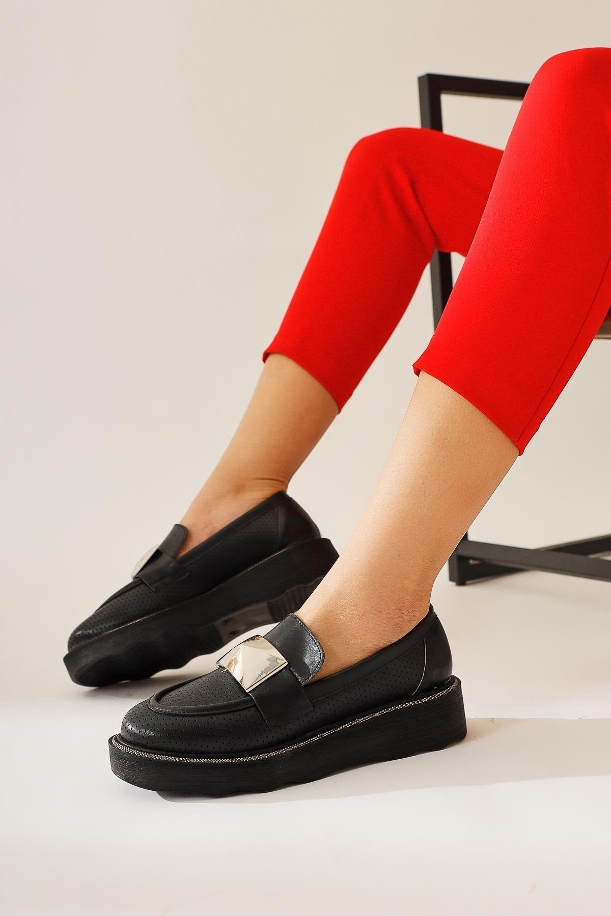 Khloe – Black Buckle-Detail Perforated Loafer (Women)