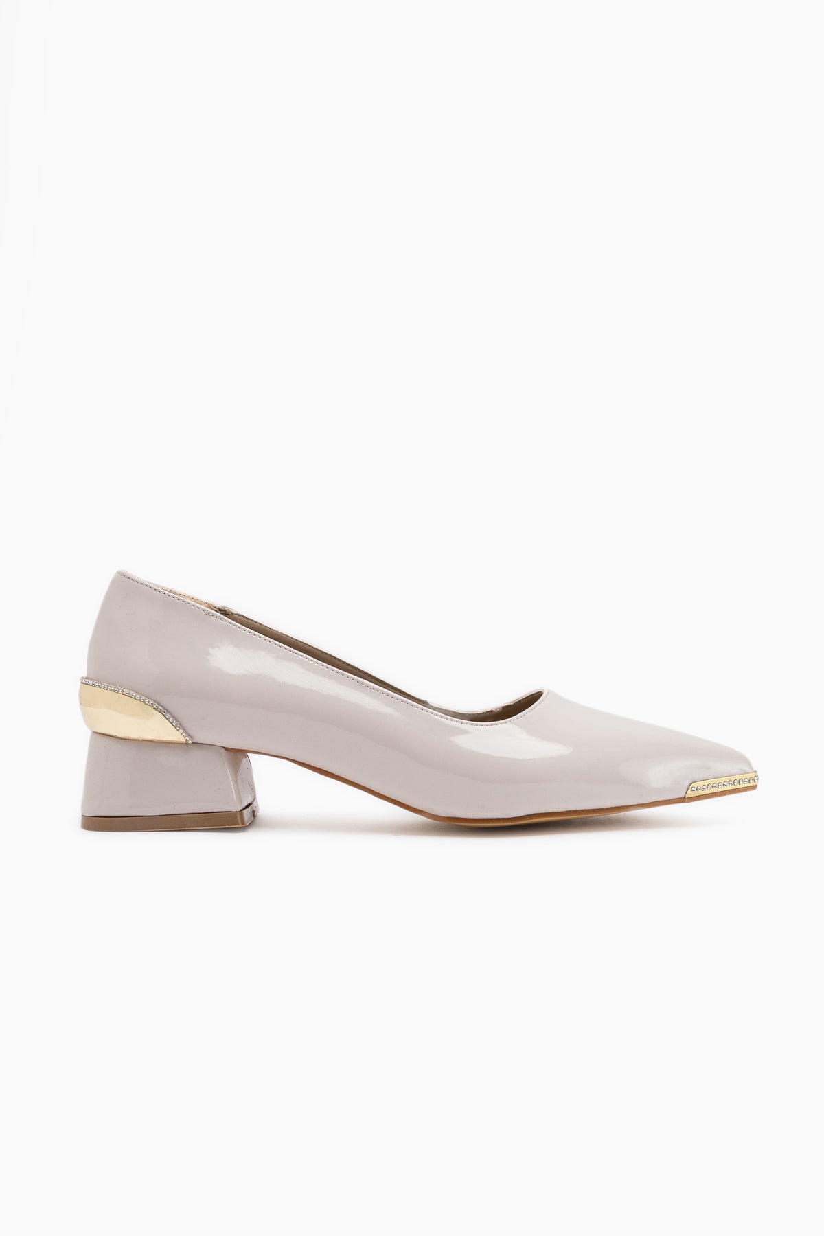 Alica Beige Patent Pointed Toe Short Heeled Women’s Shoes with Stone Details