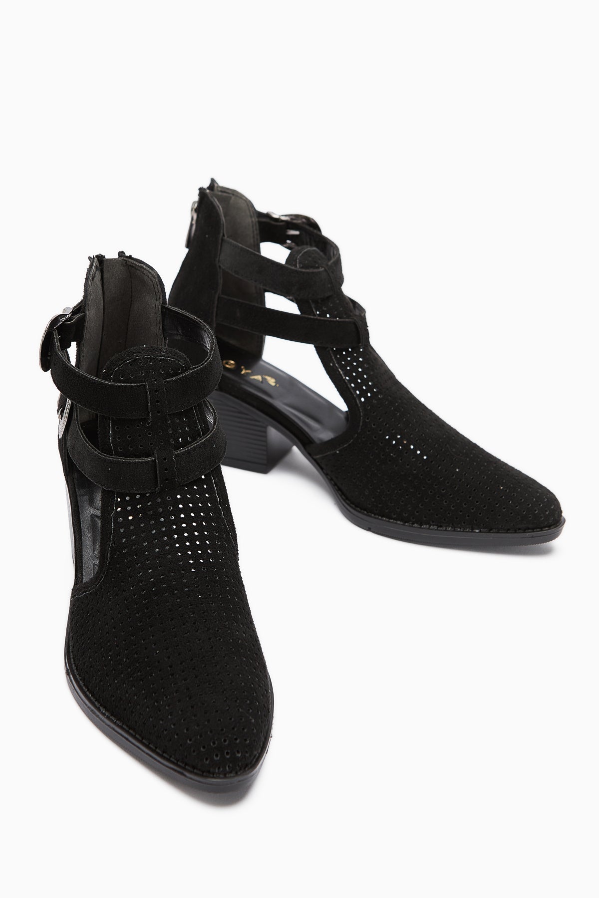 Carin Black Suede Women's Summer Boots with Buckle Detail and Back Zipper