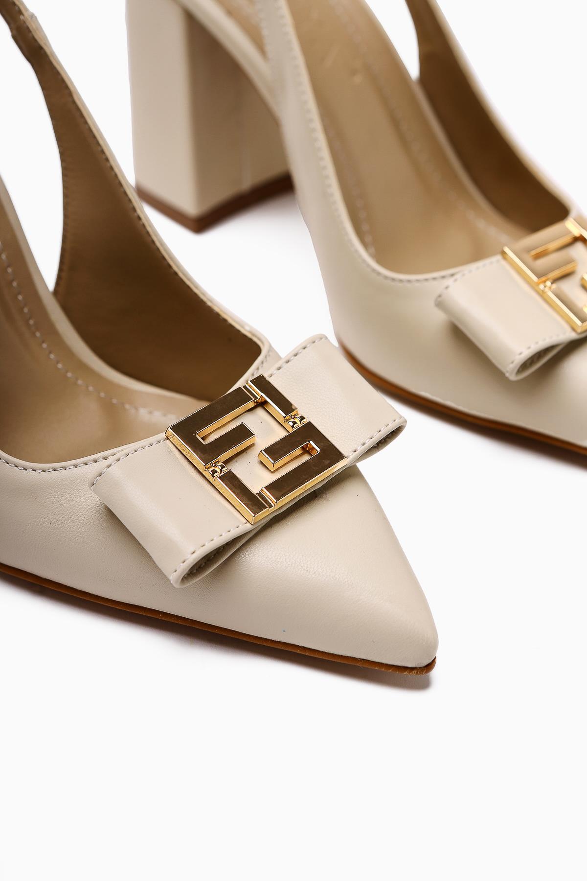 Yupin Beige Metal Detailed Closed Toe Women’s Heeled Shoes