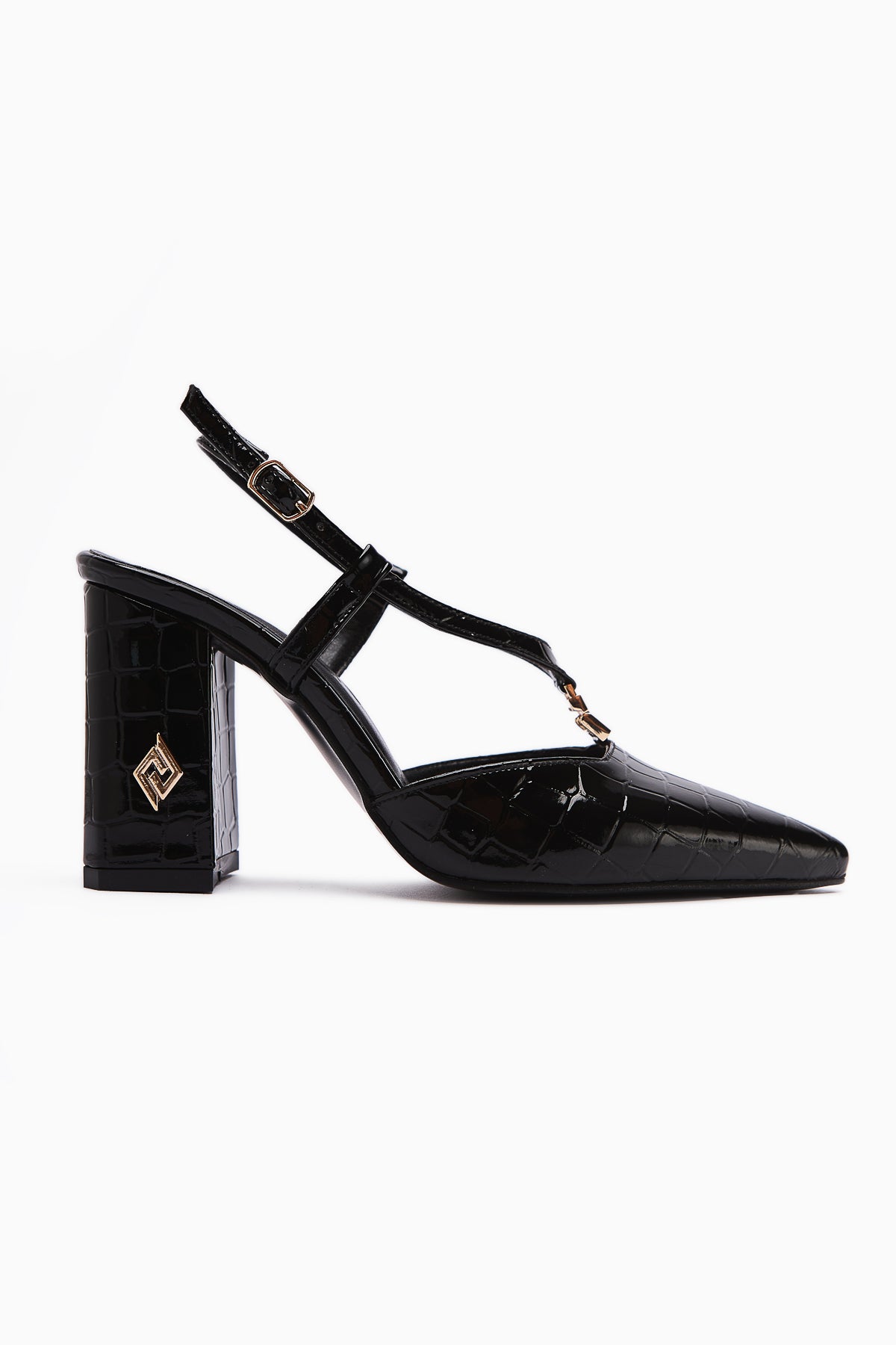 Celina Black Crocodile Patterned Pointed Toe Women’s Heeled Shoes