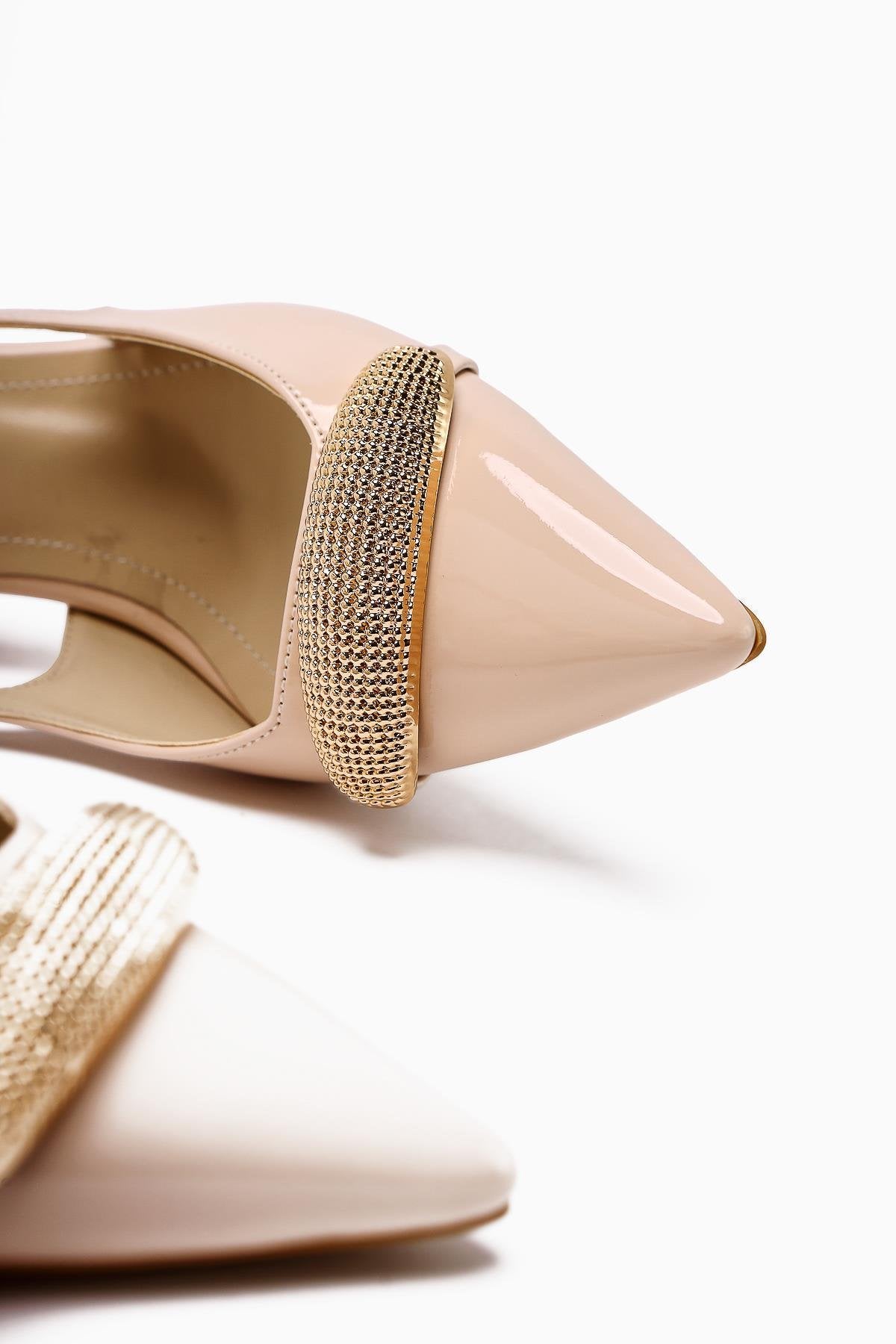 Beige Patent Closed Toe Heeled Women’s Shoes