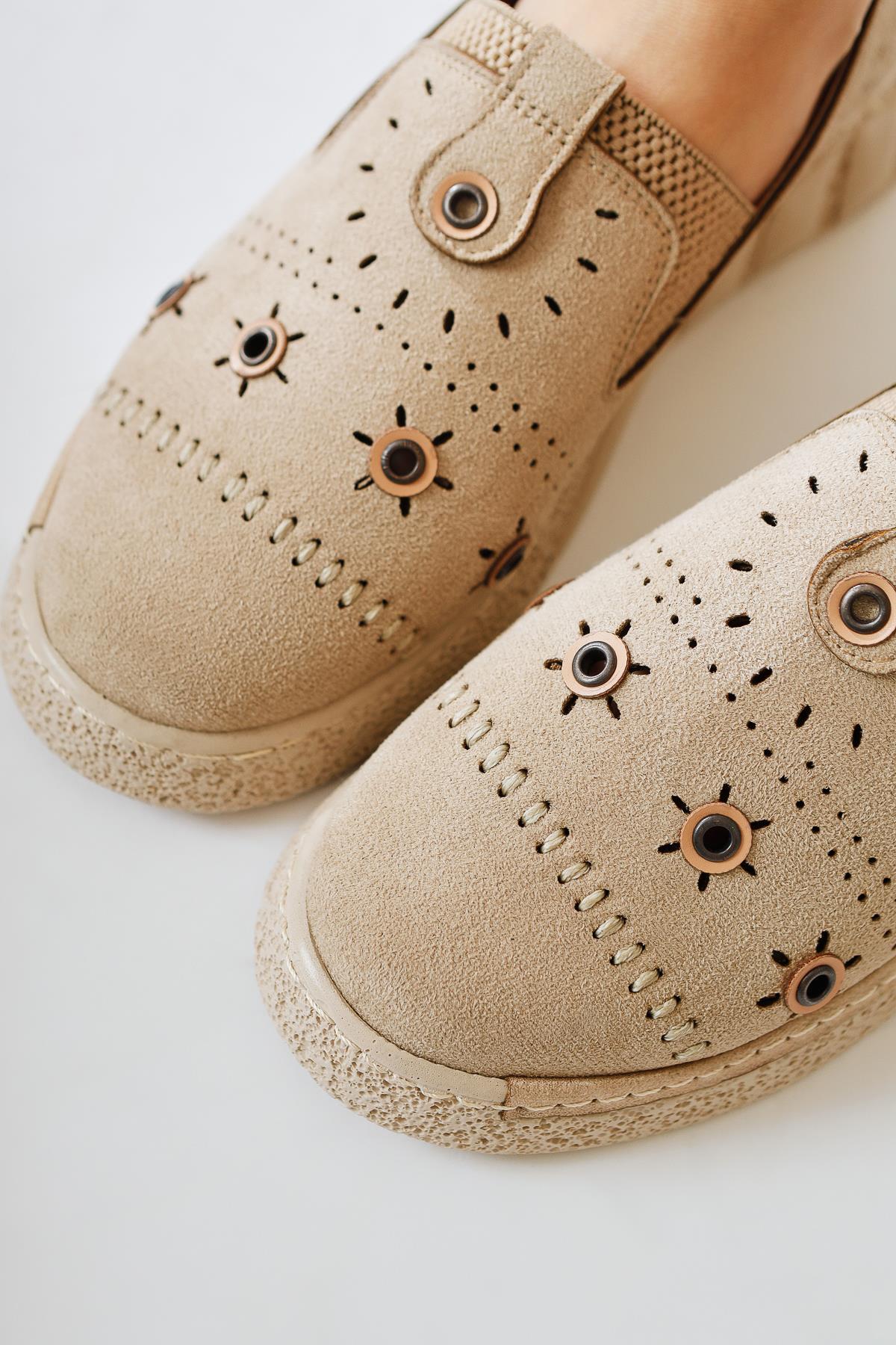 Bethina Beige Suede Studded Laser Cut Flat
