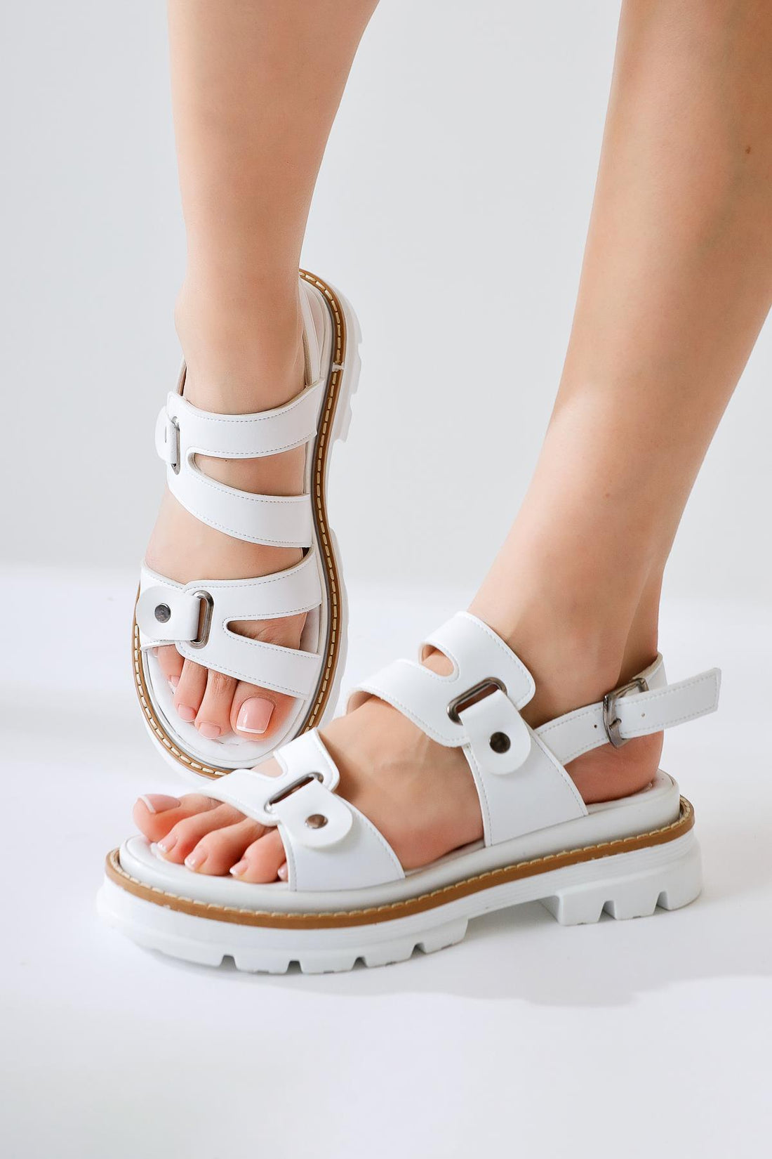 Aima White Studded Buckle Detailed Stitched Sandals
