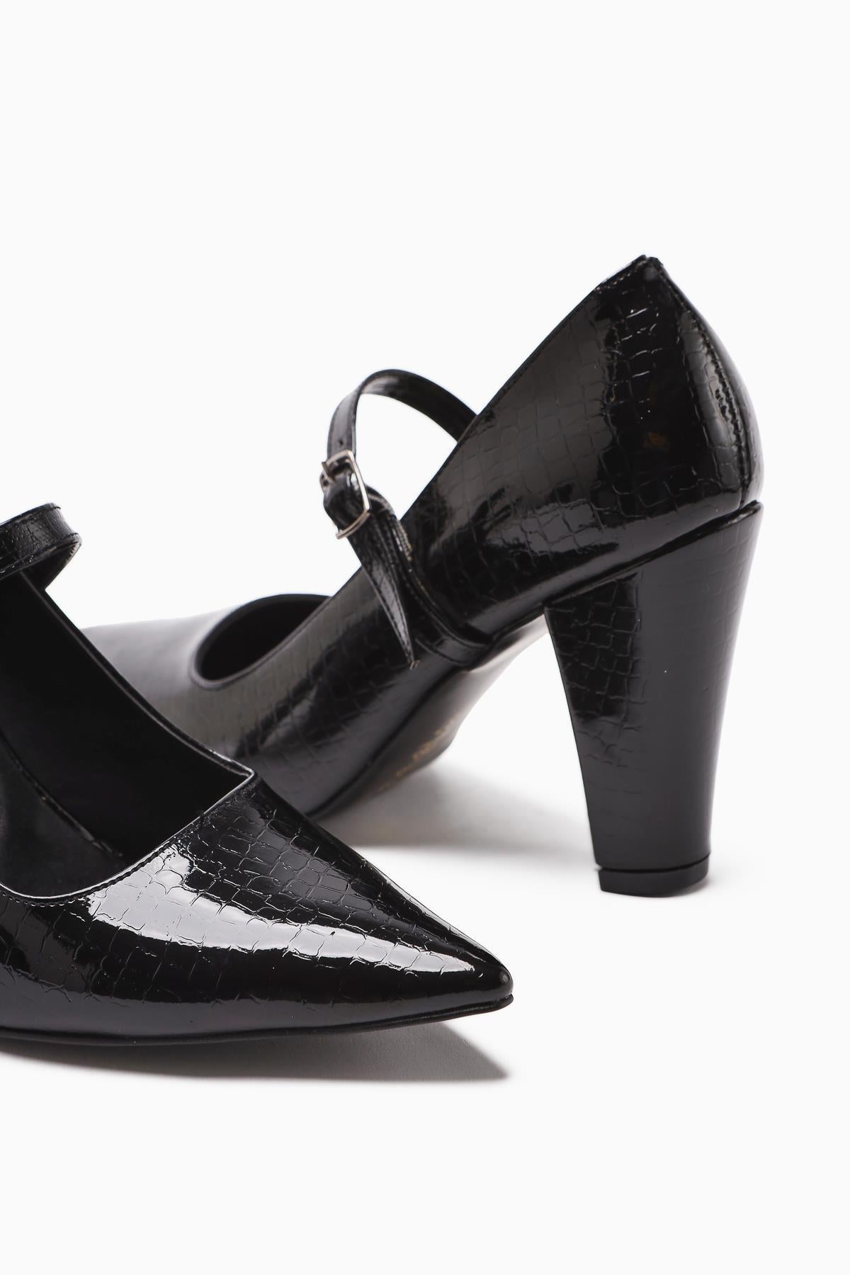 Beate Black Crocodile Leather Print Pointed Toe Heeled Shoes Women’s