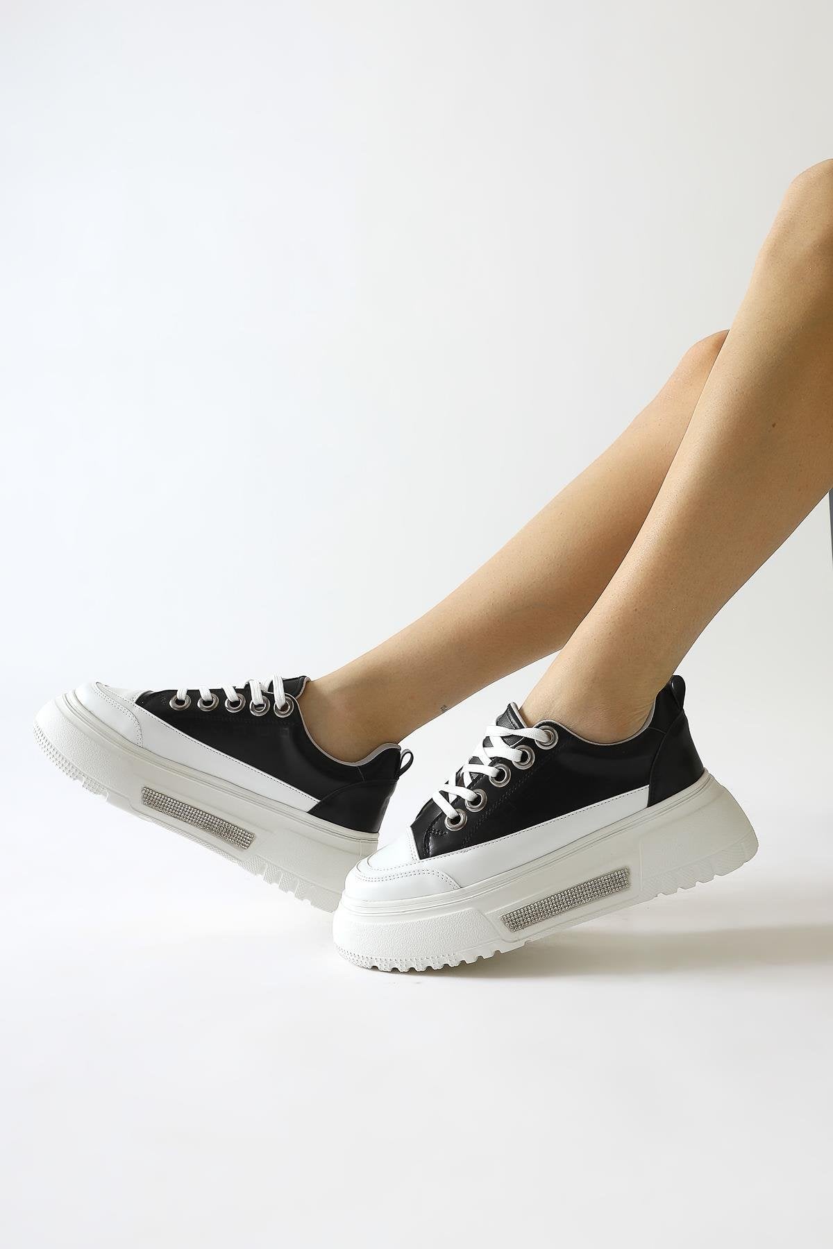 Rosella Black Thick Sole Stone Detailed Lace-up Sneakers