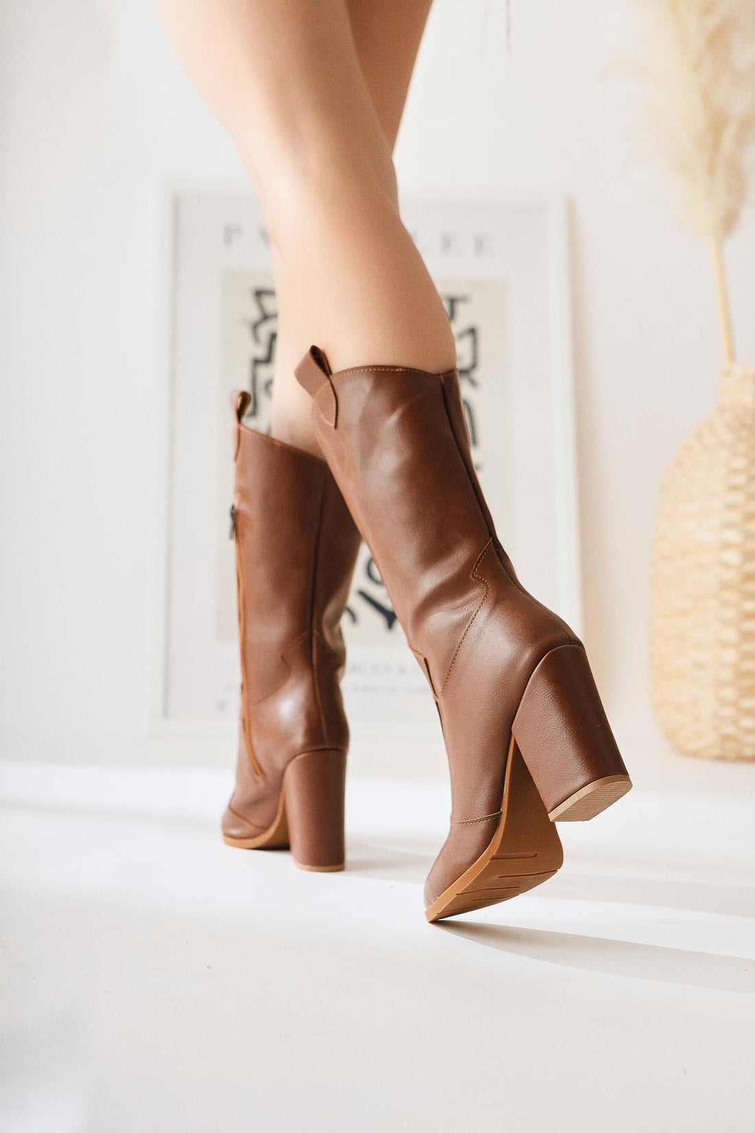 Keri – Cognac Asymmetric-Cut Heeled Knee-High Boot (Women)