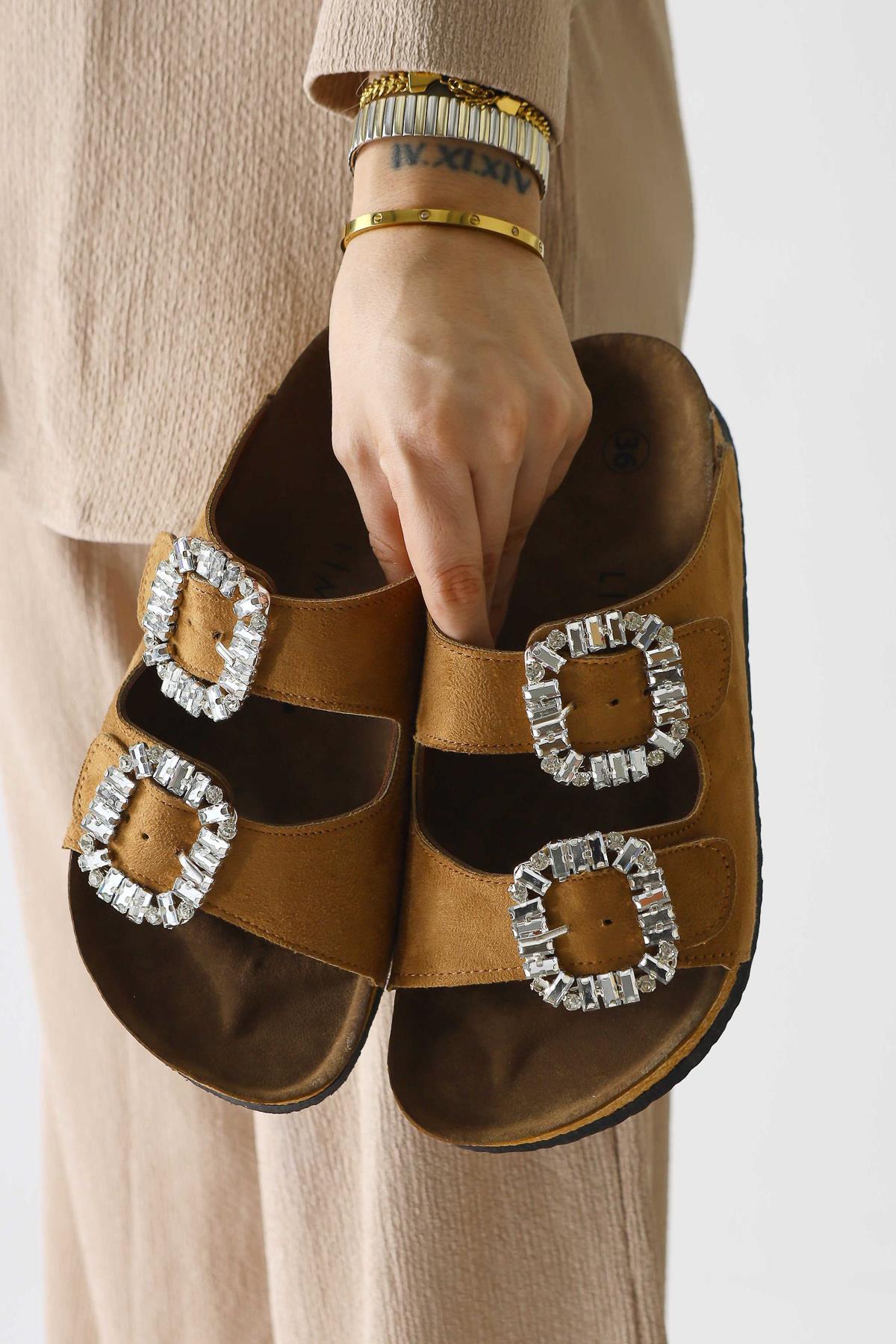 Brisa Double Strap Suede Slides in Taba with Stone Detailing