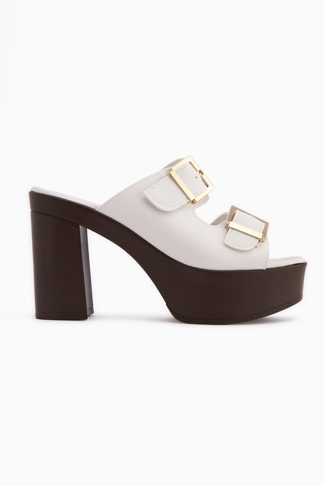 Leida White Buckled Platform Heeled Women’s Slippers