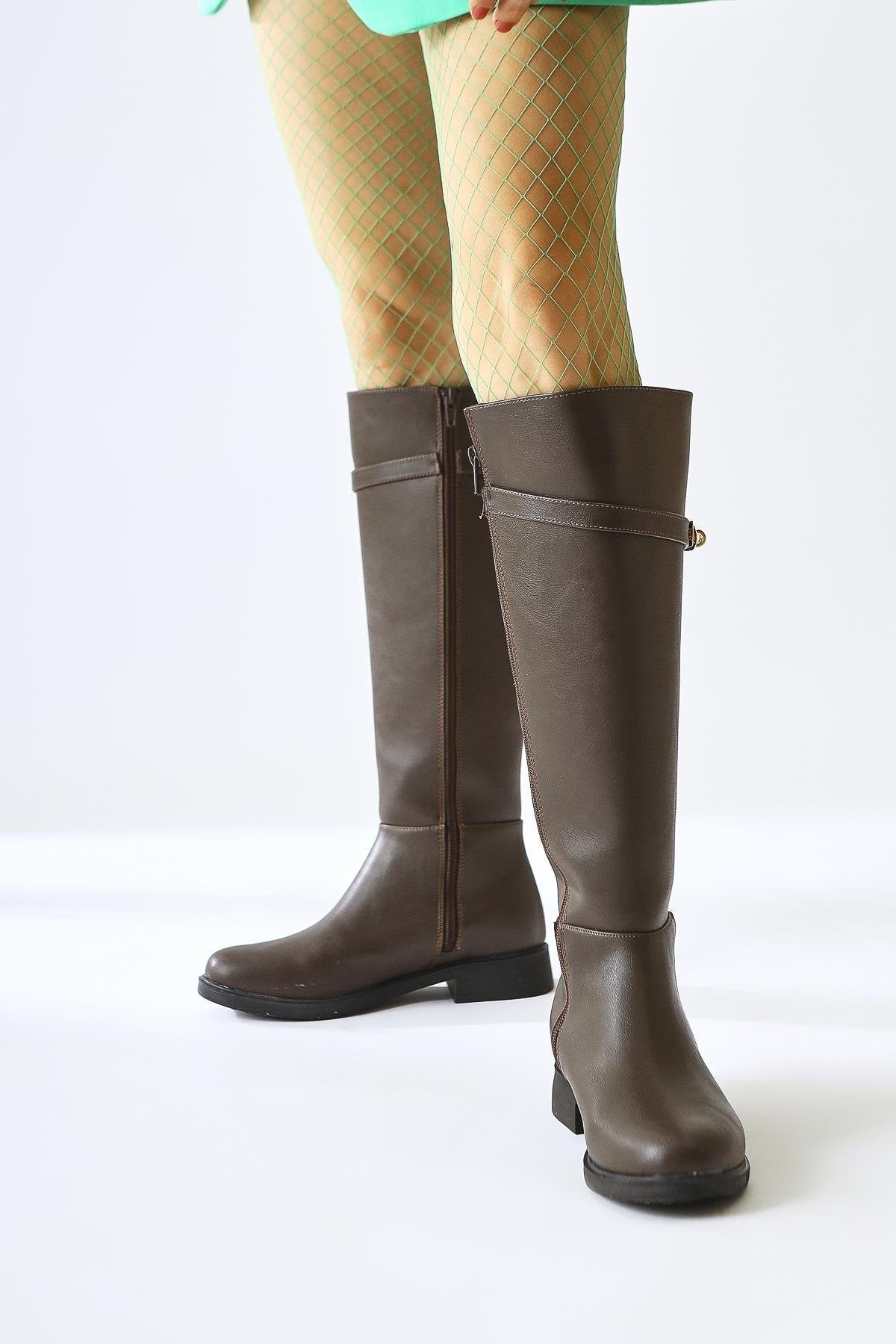 Kanako Coffee Accessorized Zippered Short Heeled Boot