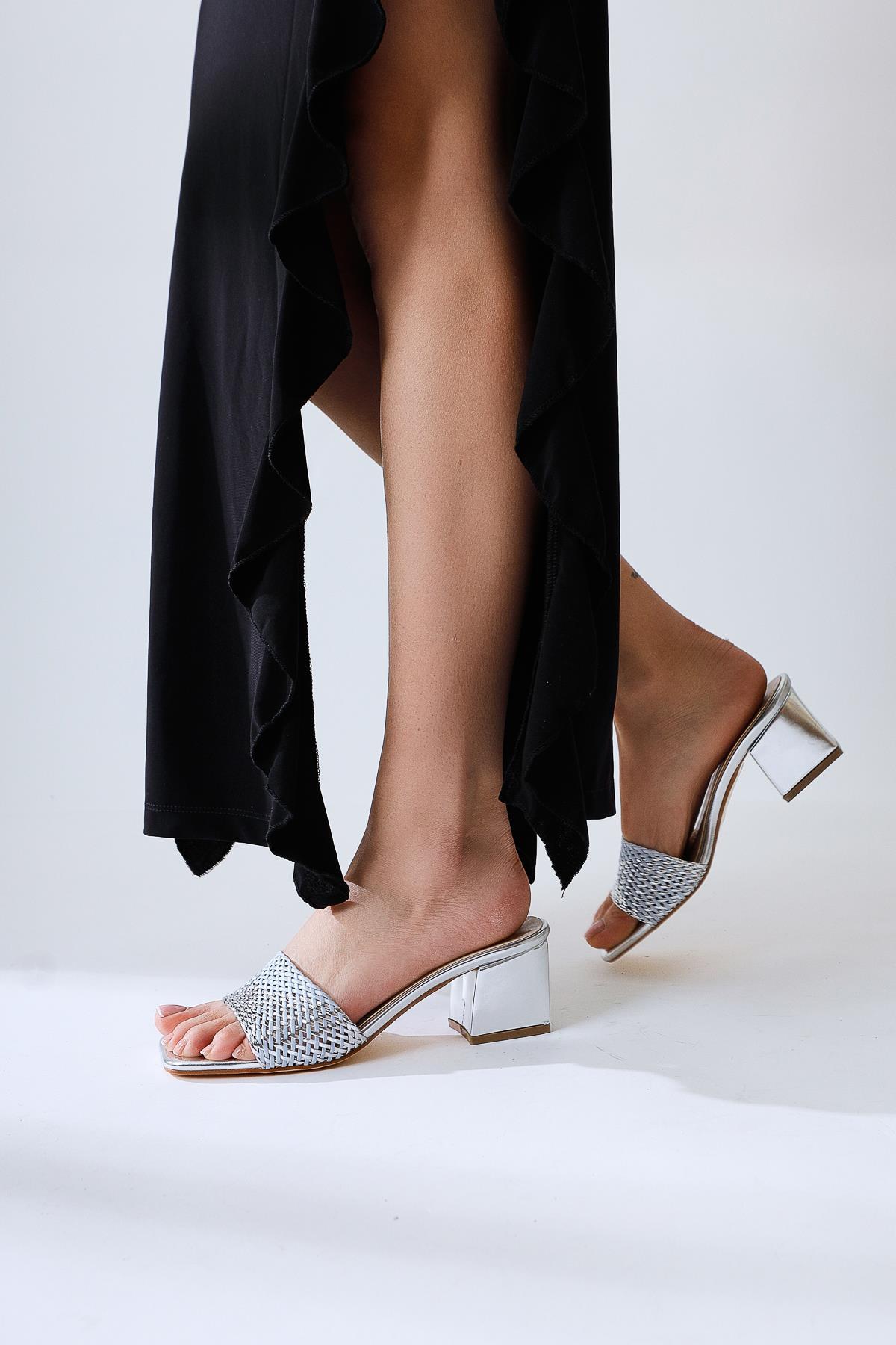 Lemonie Silver Woven Strap Slide with Low Heel