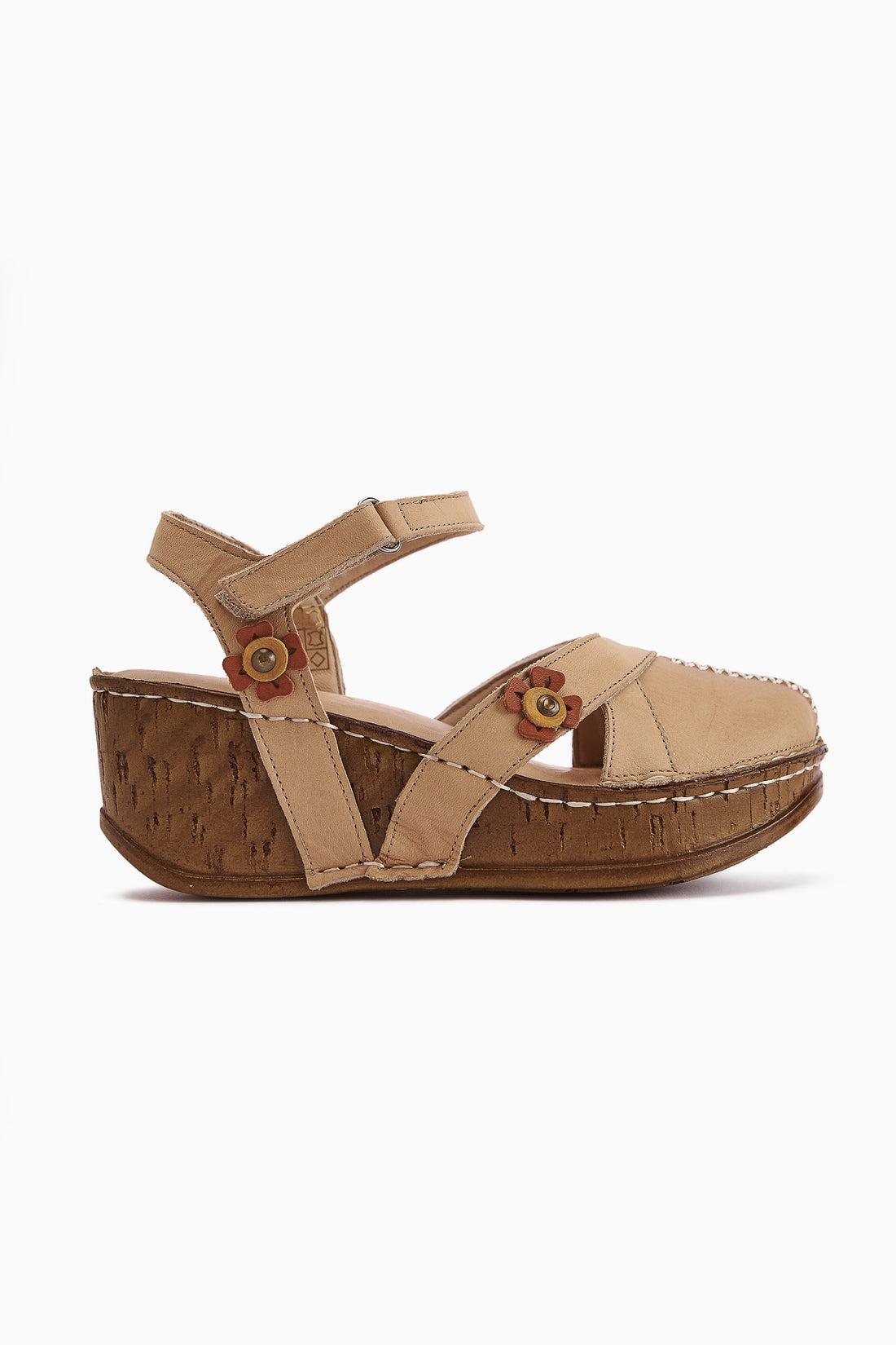 Genuine Leather Katlyn Beige Flower Detailed Closed Toe Wedge Sandal