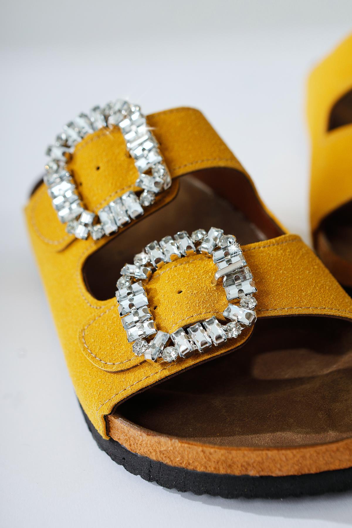 Brisa Yellow Double Strap Slippers with Stone Buckle Details