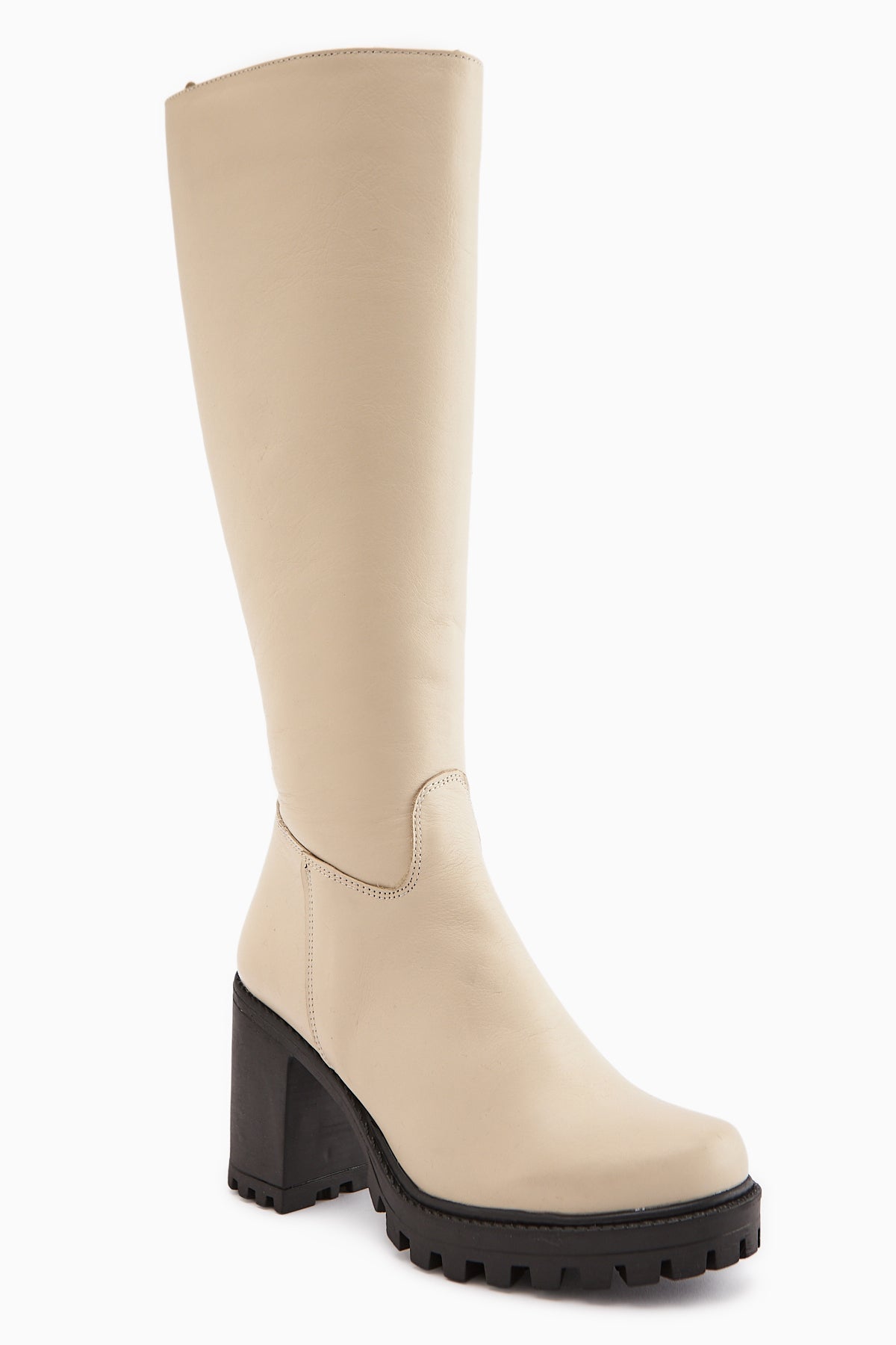 Ella Genuine Leather – Beige Platform Heeled Knee-High Boot (Women)