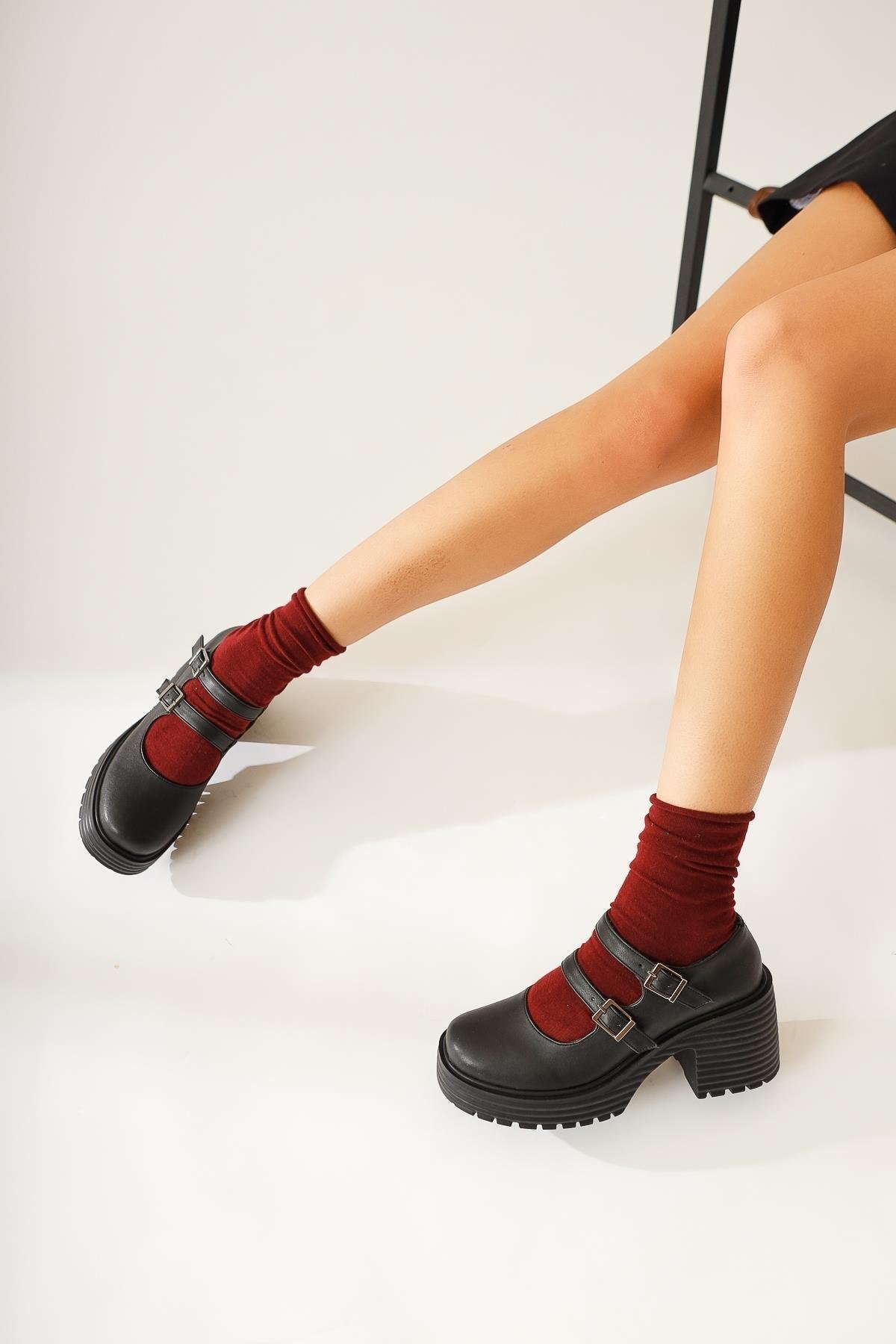 Roselie – Black Thick-Sole Heeled Double-Strap Everyday Shoes (Women)