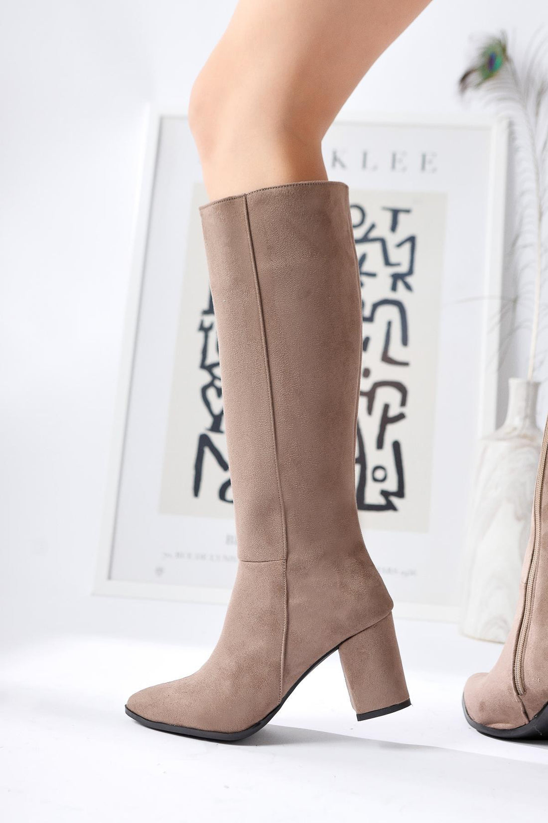Tatum – Taupe Suede Pointed-Toe Mid Heel Knee-High Boot (Women)