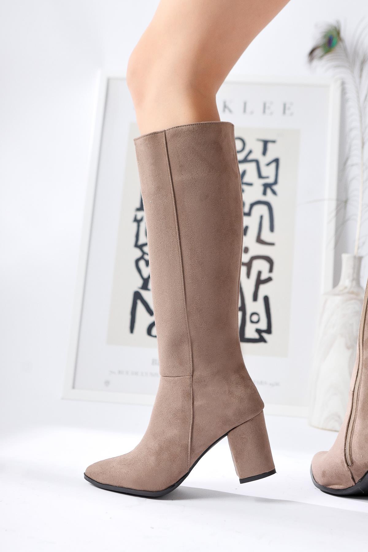 Tatum – Taupe Suede Pointed-Toe Mid Heel Knee-High Boot (Women)