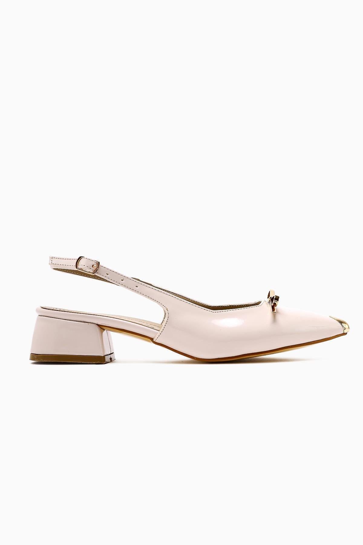 Noella Beige Patent Pointed Toe Metallic Bow Short Heeled Women’s Shoes