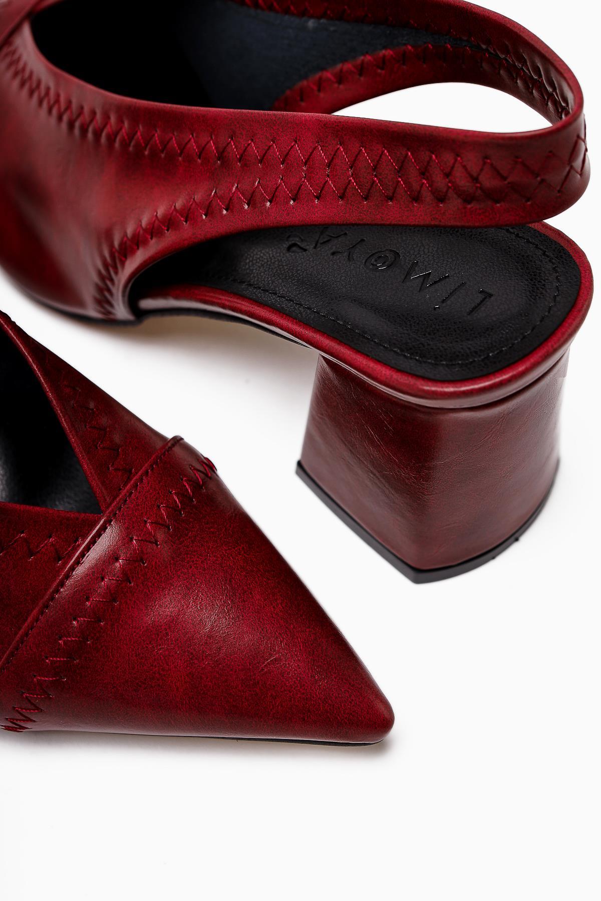 Essie Burgundy Pointed Toe Elastic Stitch Detail Chunky Heels