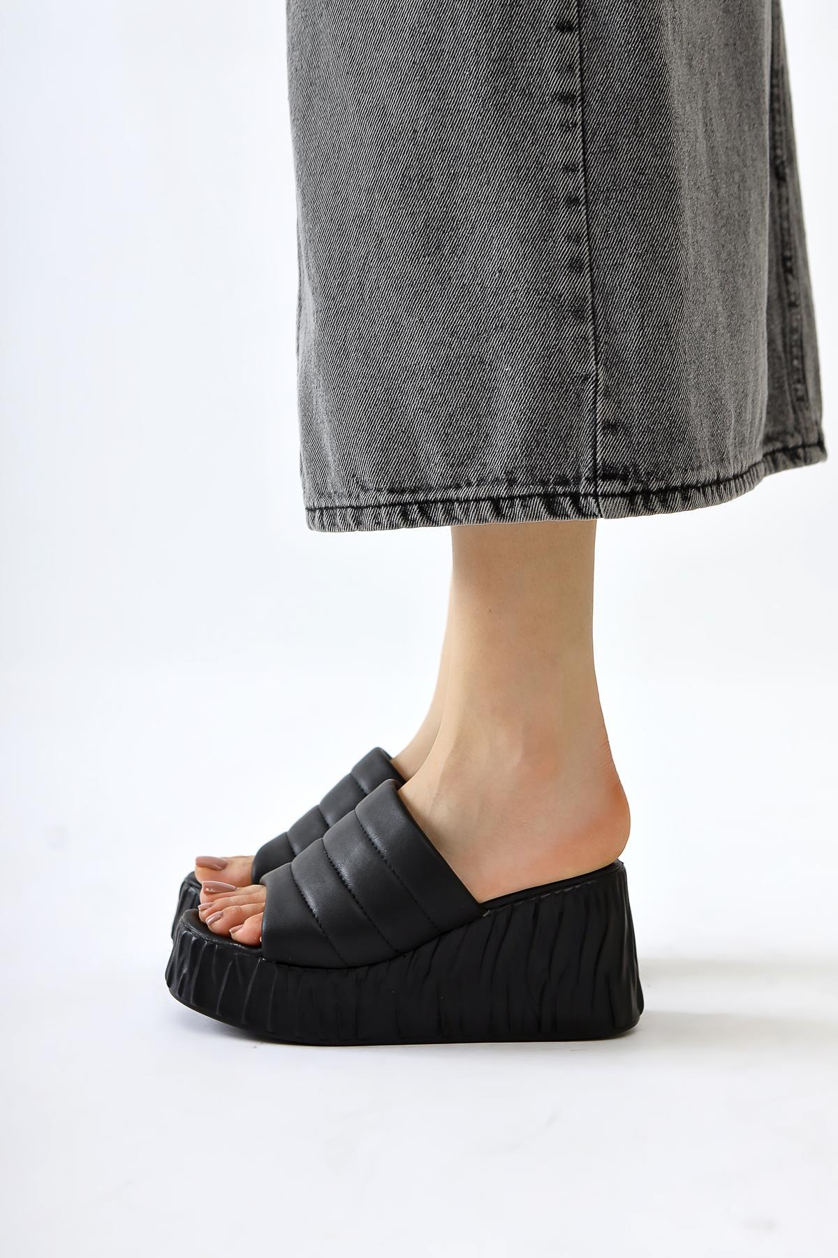 Zoje Black Crinkled Embossed Platform Slippers
