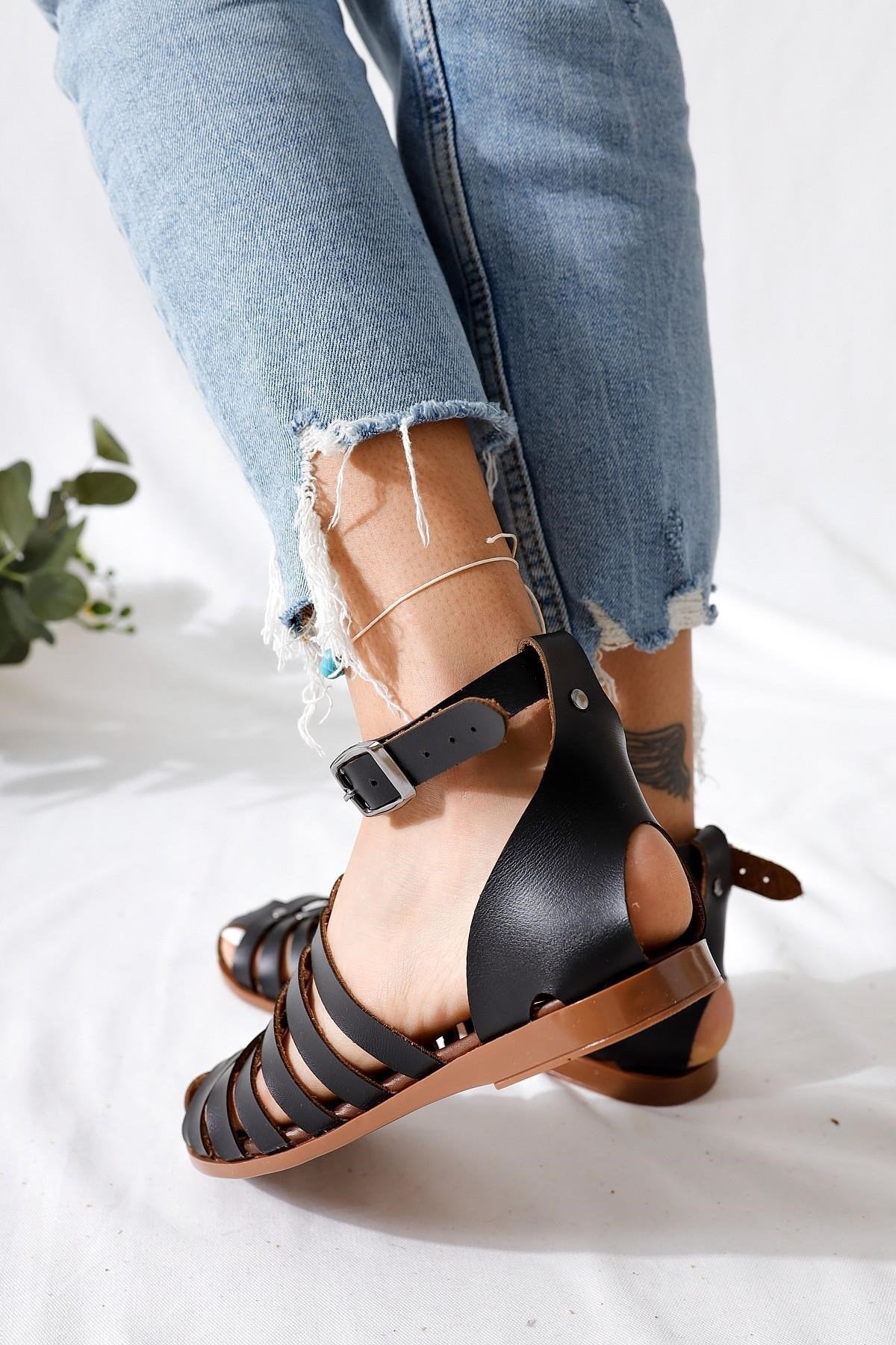 Helen Genuine Leather Black Sandals with Covered Toes