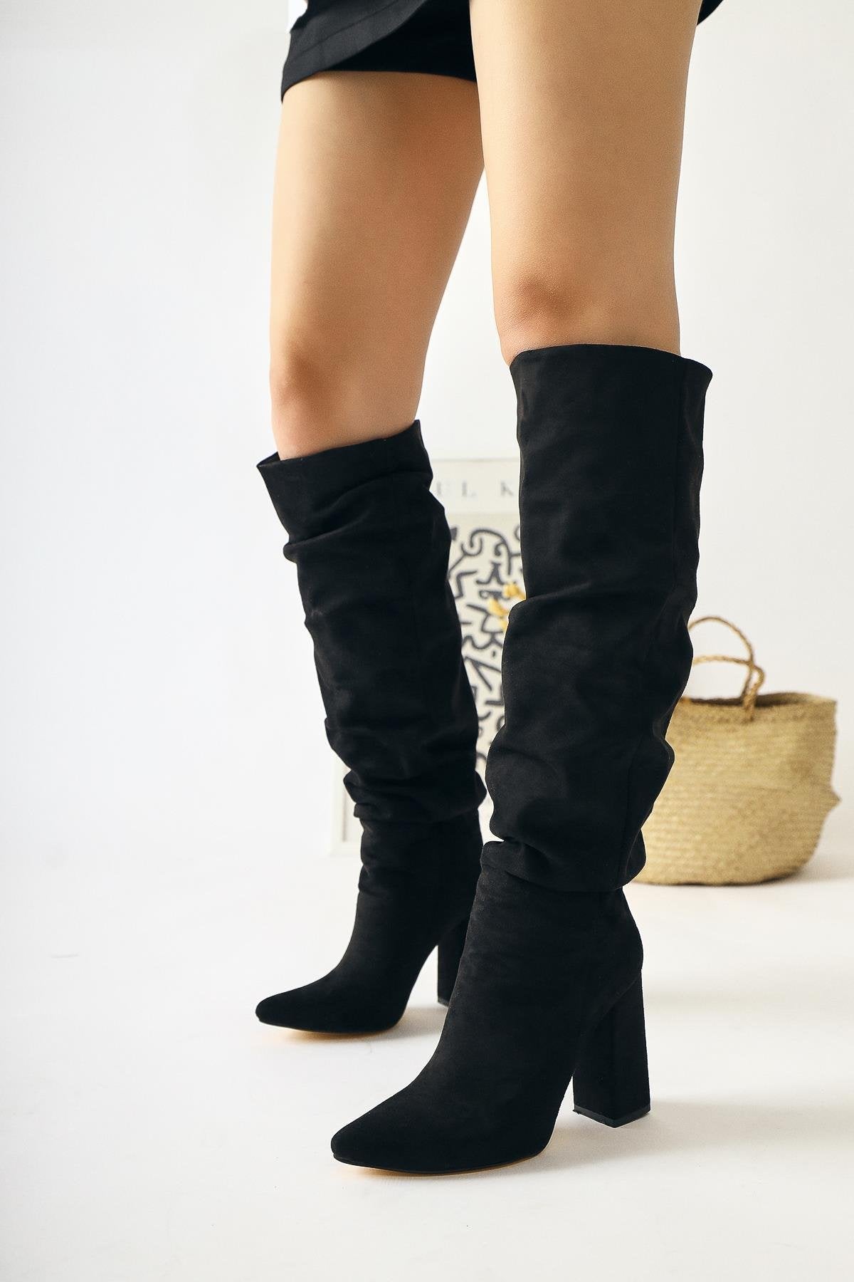 Loren Black Suede Pointed Toe High Heel Knee-High Boot