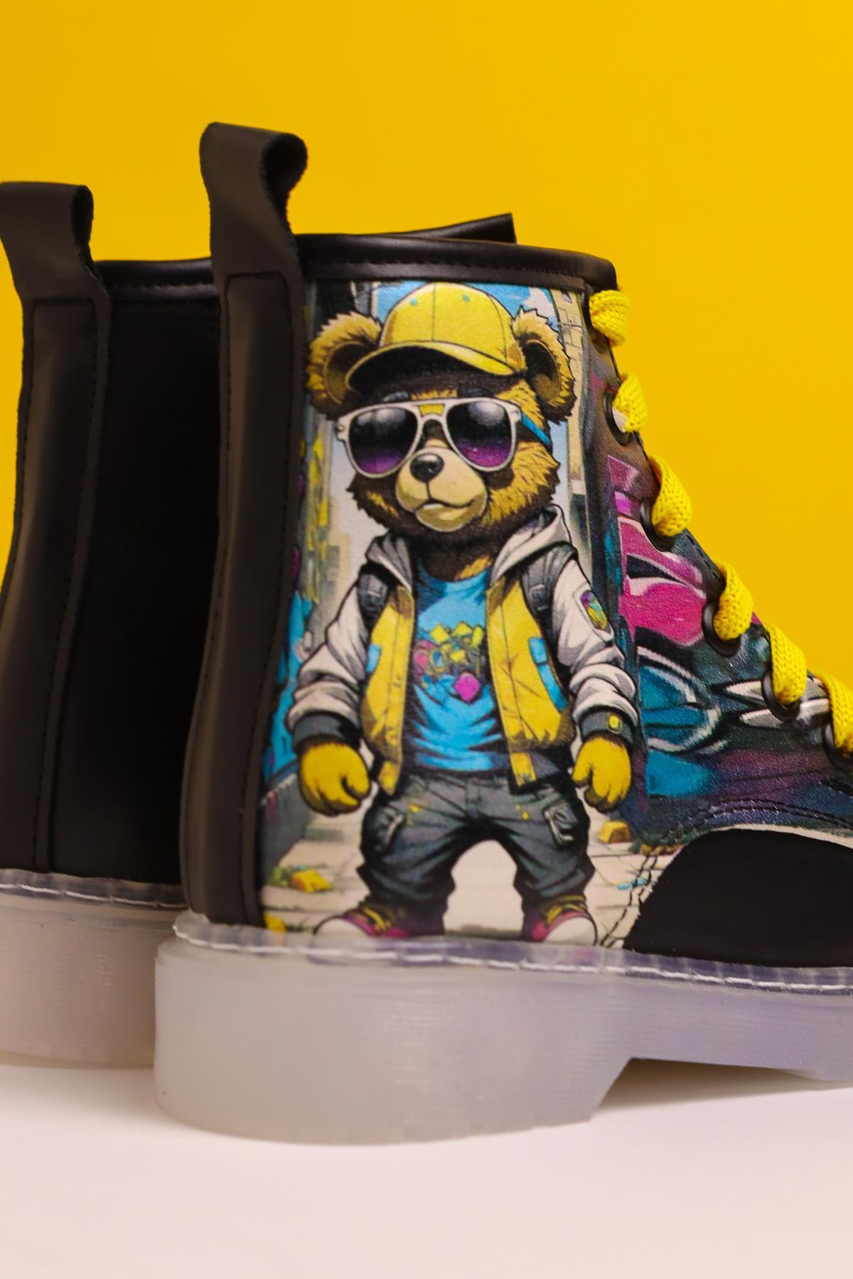 Denis Black Striped Character Print Lace-Up Kids' Boots