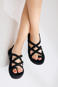 Anais Black Thick Soled Cross Strap Rope Sandal