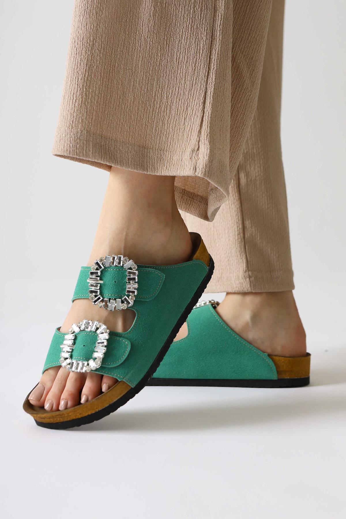 Brisa Green Suede Slippers with Stone Buckle and Double Strap Details