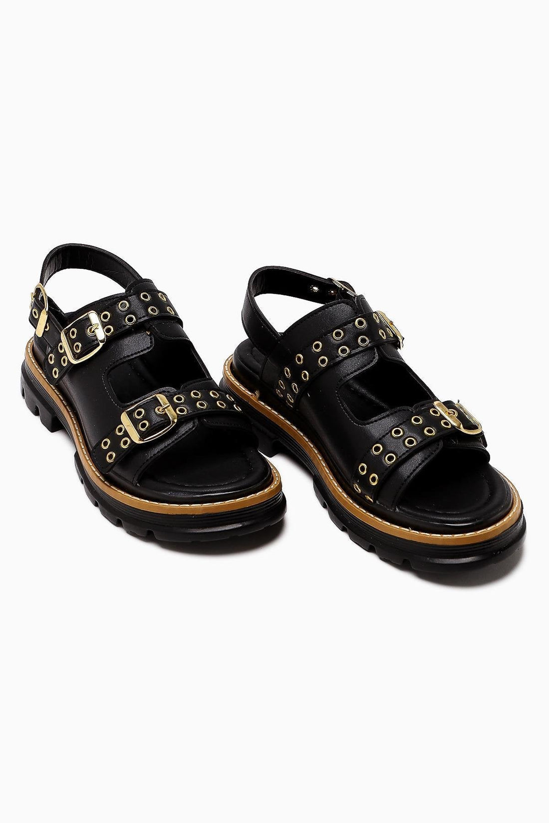 Julija Black Double Strap Women's Sandal with Stud Details and Thick Sole