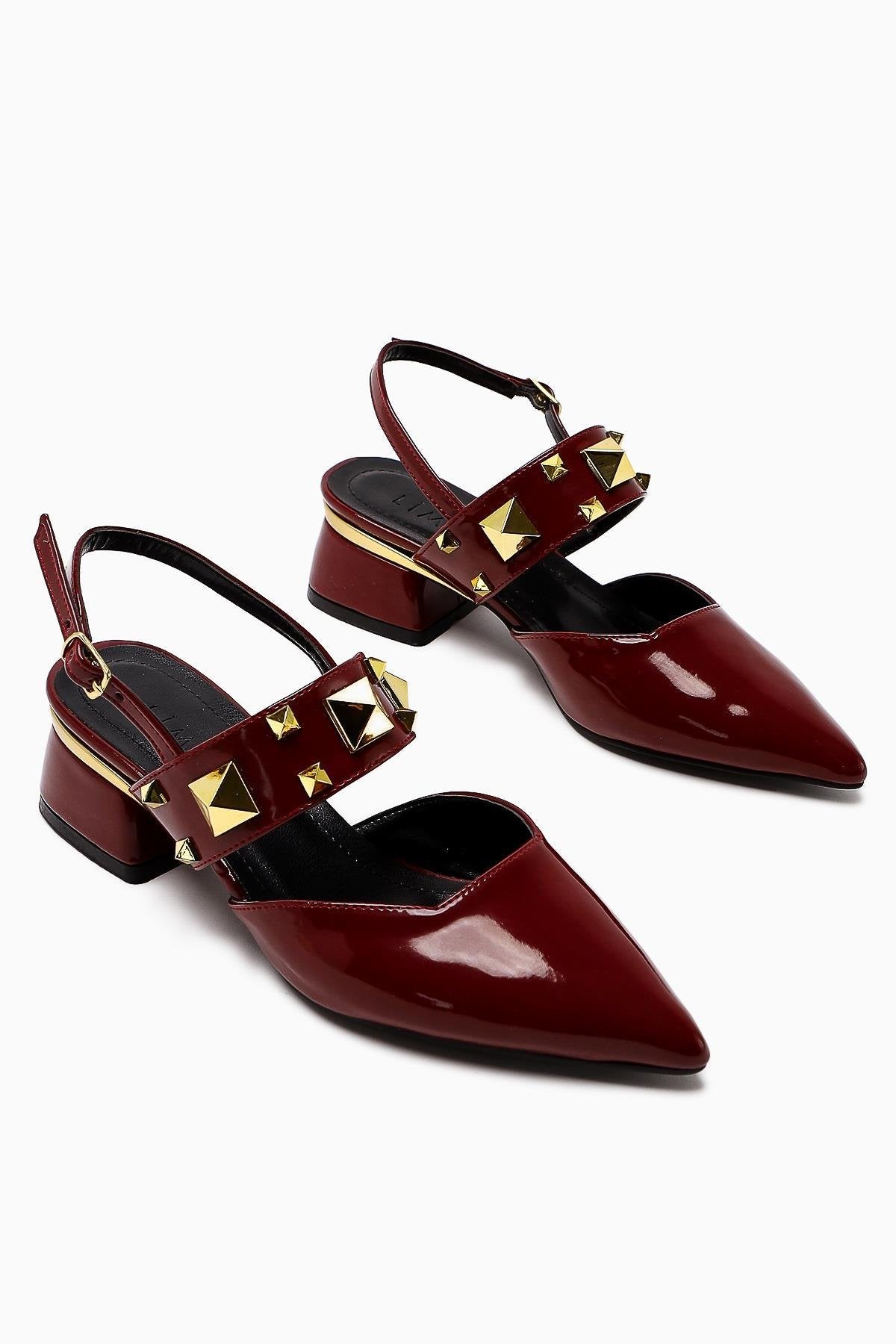 Nicoline Burgundy Patent Pointed Toe Pyramid Studded Women’s Heeled Shoes