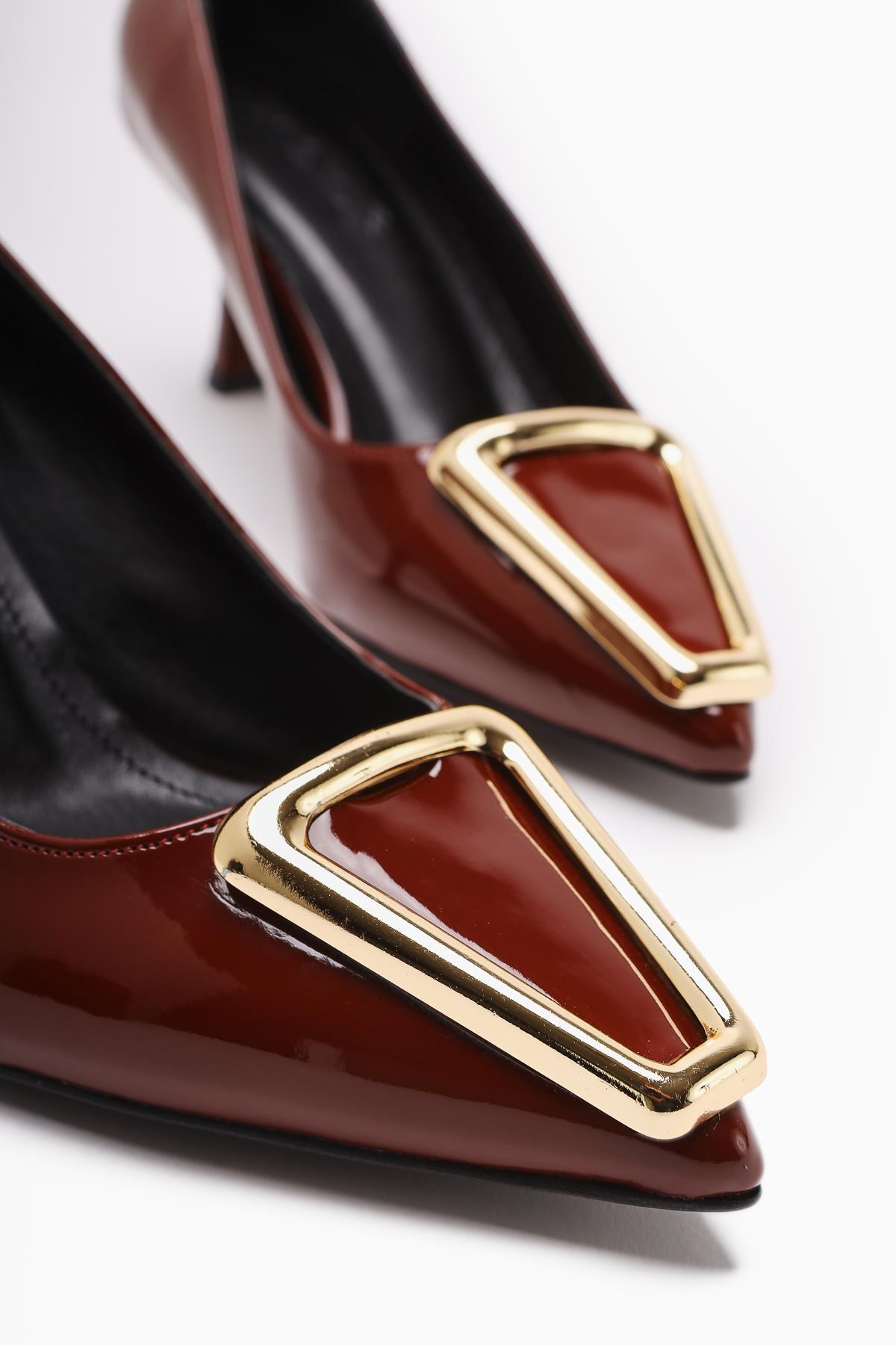 Carla Burgundy Patent Pointed Toe Buckle Detailed Women’s Heeled Shoes