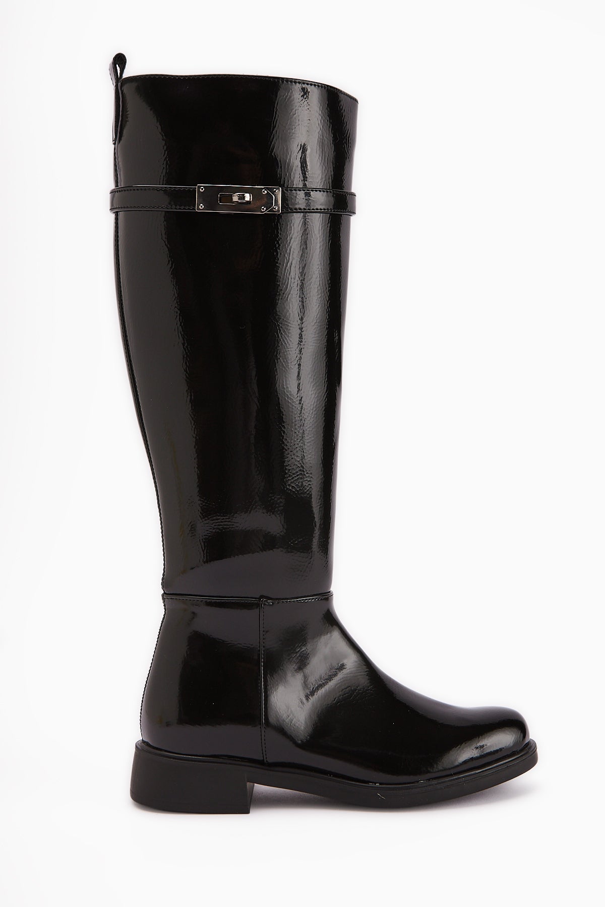 Kanako Black Patent Accessory Zippered Short Heeled Boots