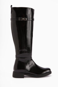 Kanako Black Patent Accessory Zippered Short Heeled Boots