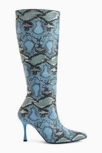 Jana Blue Snake Patterned Pointed Toe Women’s Heeled Boots