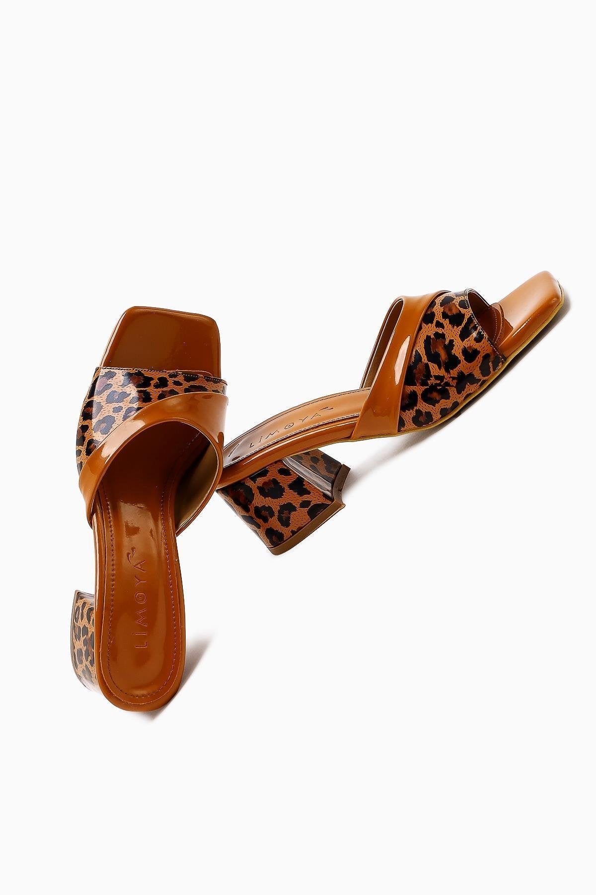 Morena Coffee Patent Leather Low Heeled Slipper with Leopard Detail
