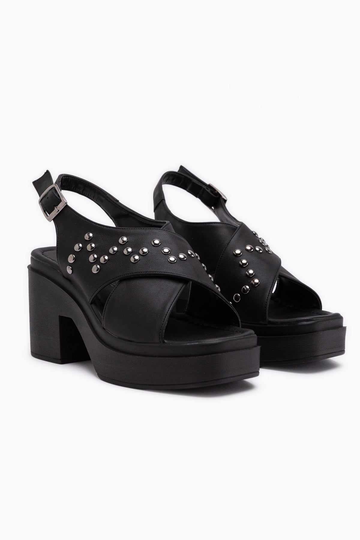 Dorela Black Studded Cross Strap Thick Band Women’s Sandal