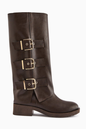 Adelina Brown Leather Belted Women's Biker Boot