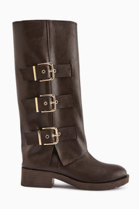 Adelina Brown Leather Belted Women's Biker Boot